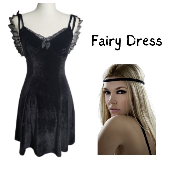 NO BRAND Spaghetti Strap Black Dark Fairy Velvet Laced Wing Dress Women's M - Picture 1 of 7